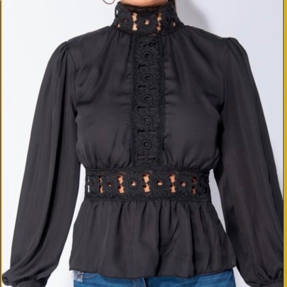 Black Lace Trim Peplum Top